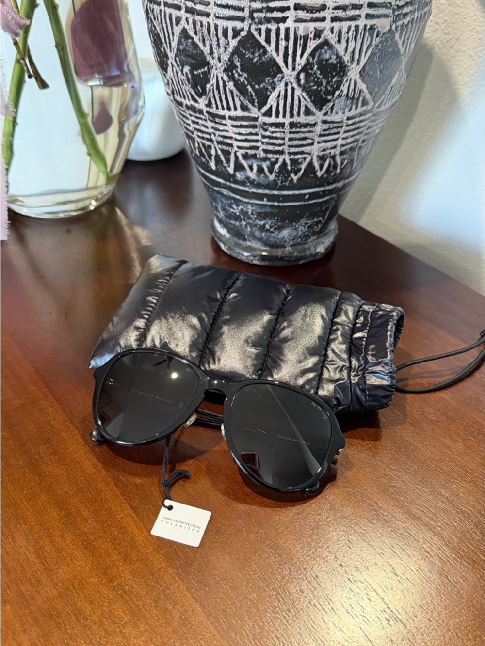 Moncler Black Round Polarized Sunglasses with Pouch